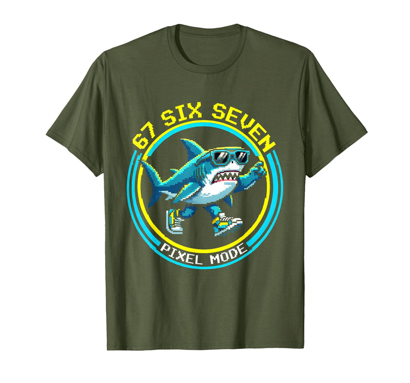 Mademark 67 Six Seven Pixel Mode Absurdist Shark Design T-Shirt - Olive Green