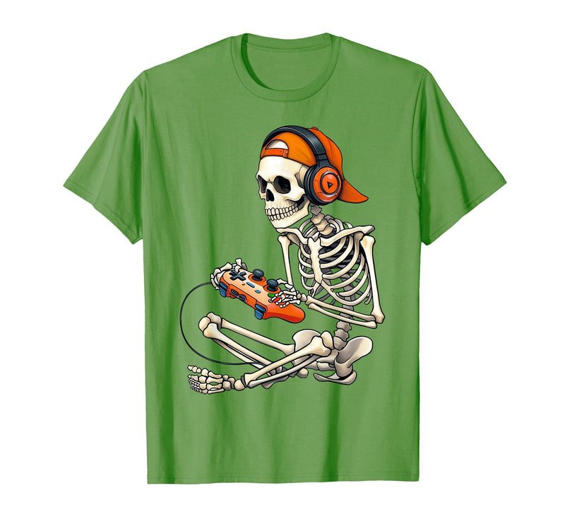 Halloween Skeleton Shirts for Gamers Men Boys Kids Halloween Skeleton Gamer Video Gaming Boys Men Kids Funny T-Shirt - Grass