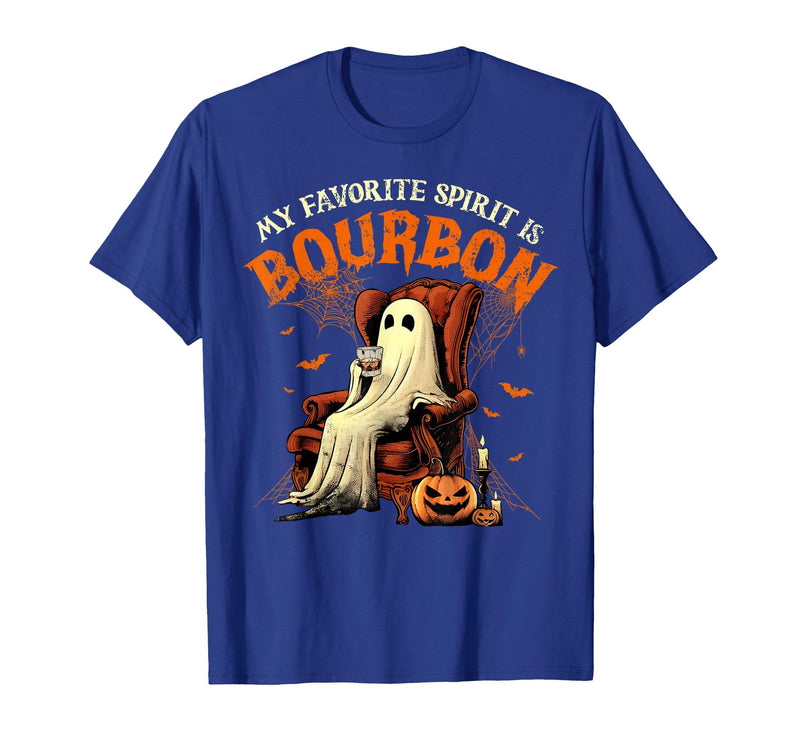 Bourbon Ghost Funny Halloween Drinking Apparel My Favorite Spirit is Bourbon Funny Halloween Ghost T-Shirt - Royal Blue