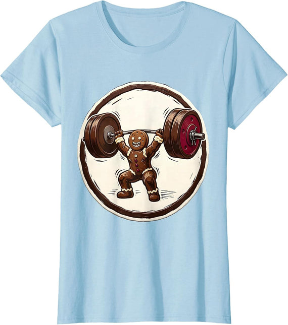Women's Gingerbread Weightlifting Linocut Humor Gym Novelty T-Shirt - Baby Blue