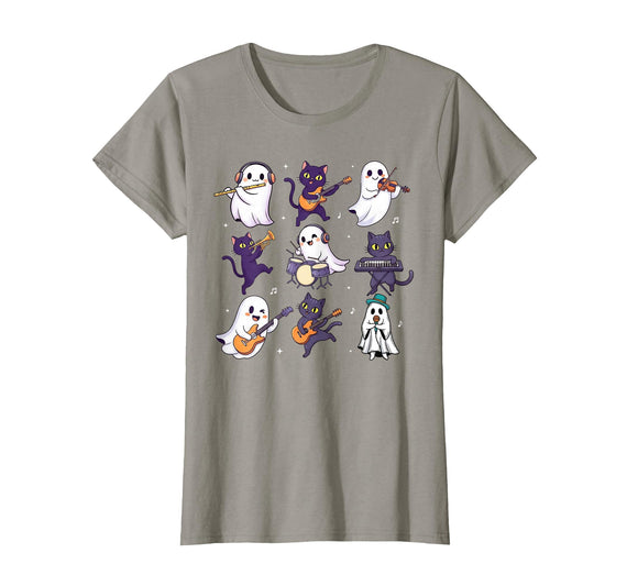 Halloween Music Teacher Ghost Music Lover Cute Ghost Cat Playing Musical Halloween Music Teacher T-Shirt - Slate Grey