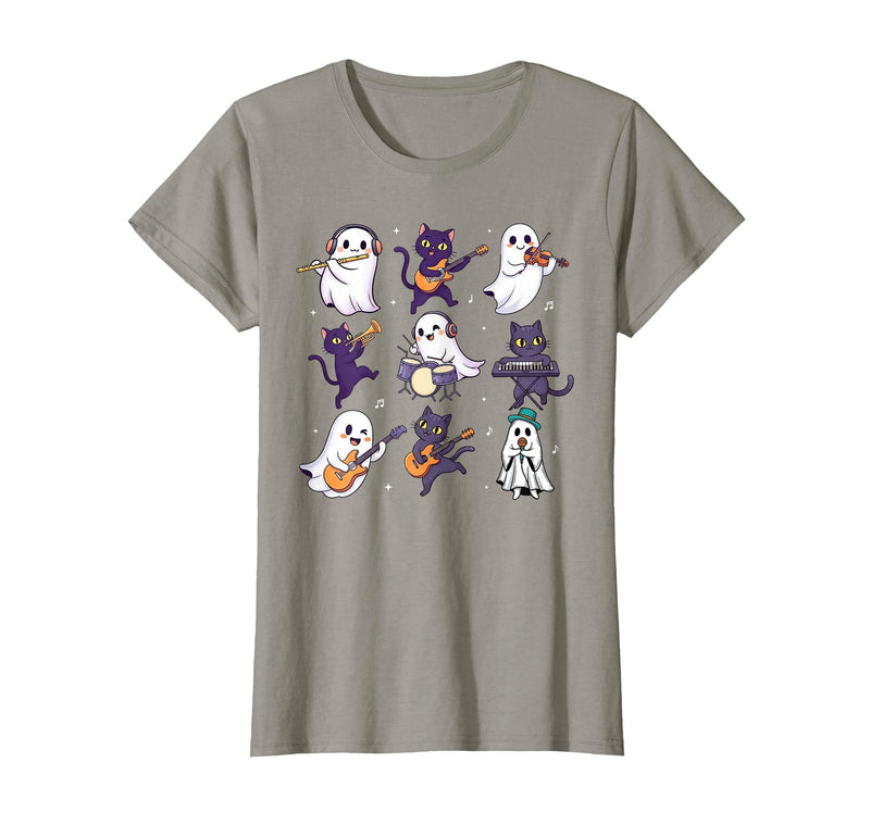 Halloween Music Teacher Ghost Music Lover Cute Ghost Cat Playing Musical Halloween Music Teacher T-Shirt - Slate Grey