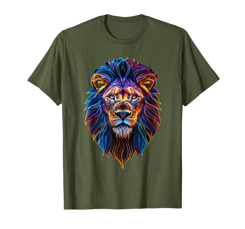 Psychedelic Jungle Glow Animal Art Glow Lion Head Art Psychedelic Jungle Animal Face T-Shirt - Olive Green