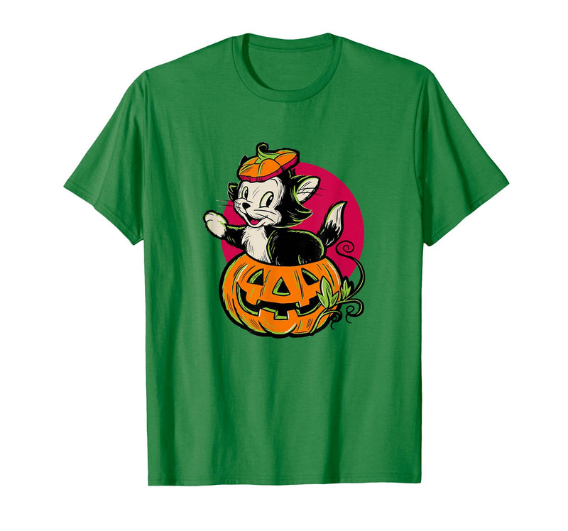 Disney Pinocchio Halloween Figaro Inside A Pumpkin Retro T-Shirt - Kelly Green