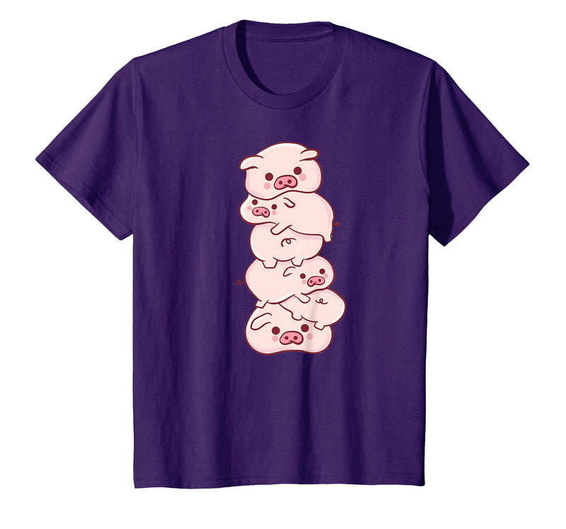 Pink Kawaii & Anime Stuff Pigs On A Pile - Cute Kawaii Anime - Pig Aesthetic Japanese T-Shirt - Purple
