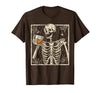 Funny Skeleton Drinking Bourbon Whiskey Halloween Alcoholic T-Shirt - Brown