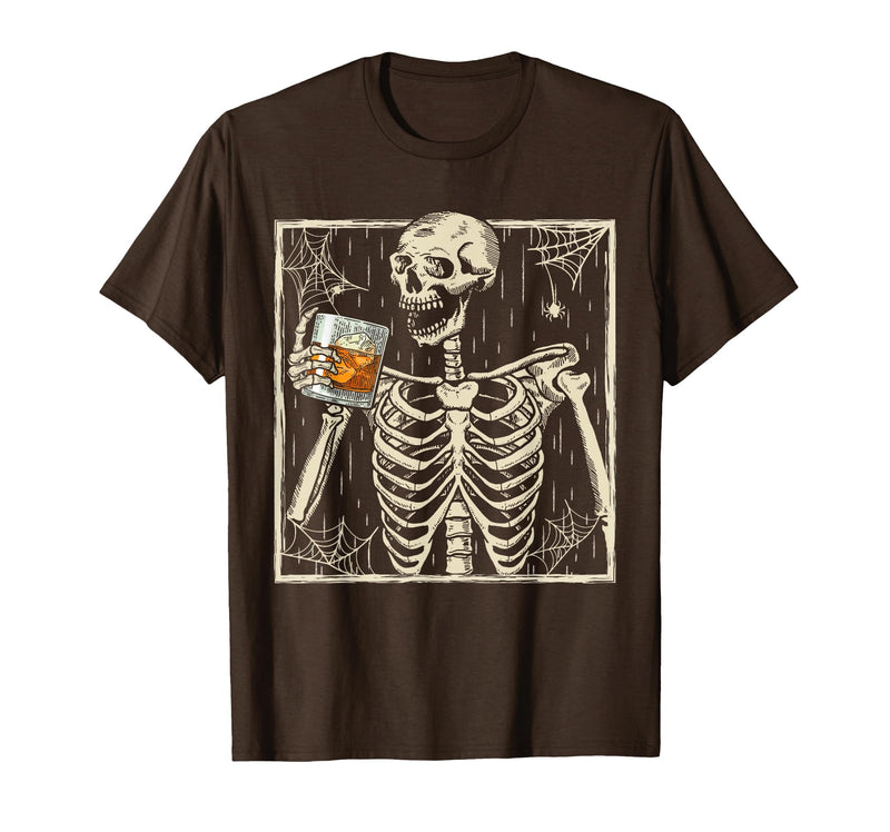 Funny Skeleton Drinking Bourbon Whiskey Halloween Alcoholic T-Shirt - Brown
