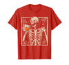 Funny Skeleton Drinking Bourbon Whiskey Halloween Alcoholic T-Shirt - Red