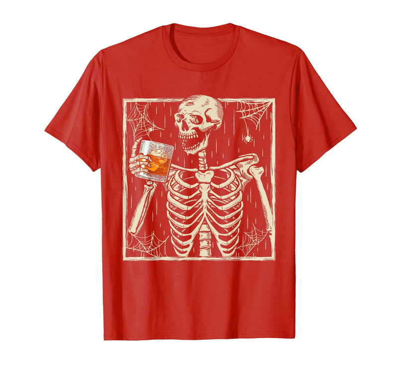 Funny Skeleton Drinking Bourbon Whiskey Halloween Alcoholic T-Shirt - Red