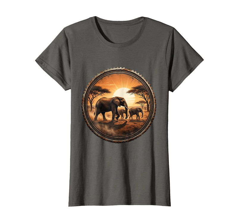 Mademark Elephant Herd Crossing Dusty Savanna Plain T-Shirt - Women - Asphalt Grey