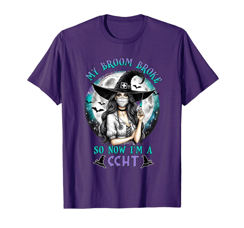 CCHT Dialysis Technician My Broom Broke So Now I'm a CCHT Dialysis Tech Halloween T-Shirt - Purple