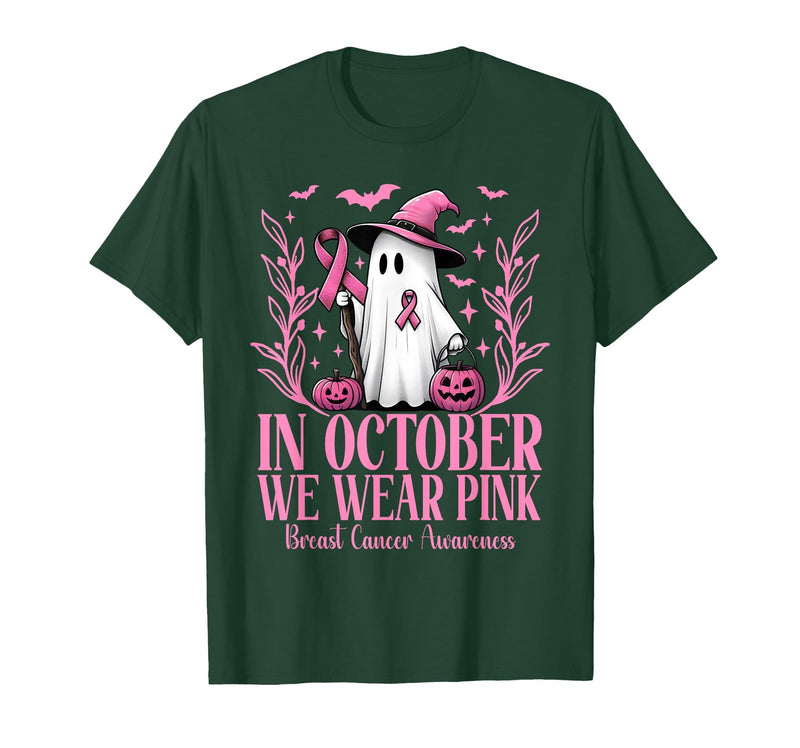 Arich.Tee's Breast Cancer Awareness Ghost in October We Wear Pink Breast Cancer Witch Ghost Halloween T-Shirt - Dark Green