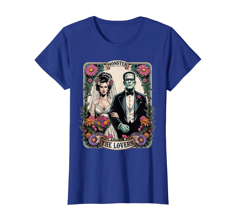 The Lovers Tarot Card Spooky Halloween Women Men The Monster Frankenstein and Bride The Lovers Tarot Card T-Shirt - Royal