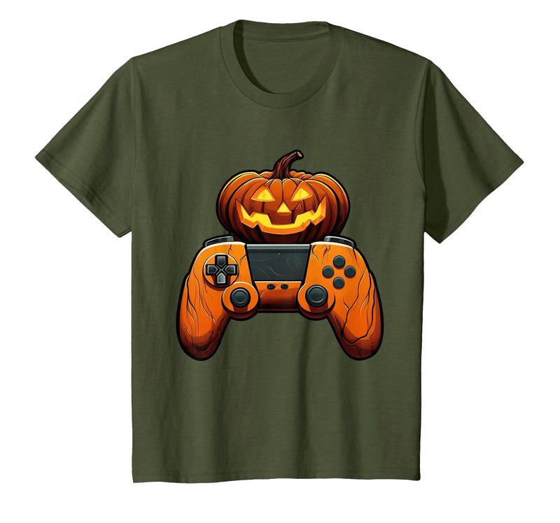 Spooky Halloween Gamers 2023 Halloween Skeleton Zombie Gaming Controllers Mummy Boys Kids T-Shirt - Olive Green
