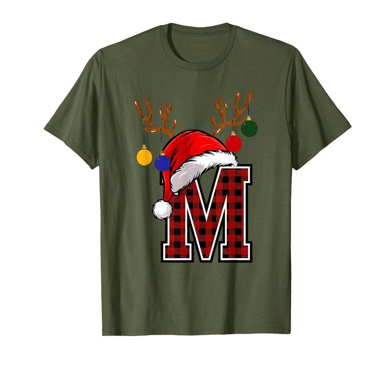 Christmas Buffalo Plaid Alphabet Tees Letter M Name Initial Buffalo Plaid Alphabet Monogram T-Shirt - Olive Green