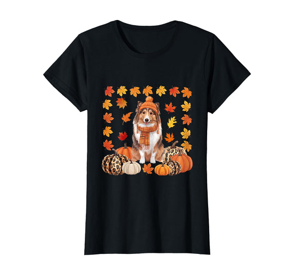 Shetland Sheepdog Sheltie Shop Sheltie Shetland Sheepdog Pumpkins Fall Leaves Halloween T-Shirt - Black