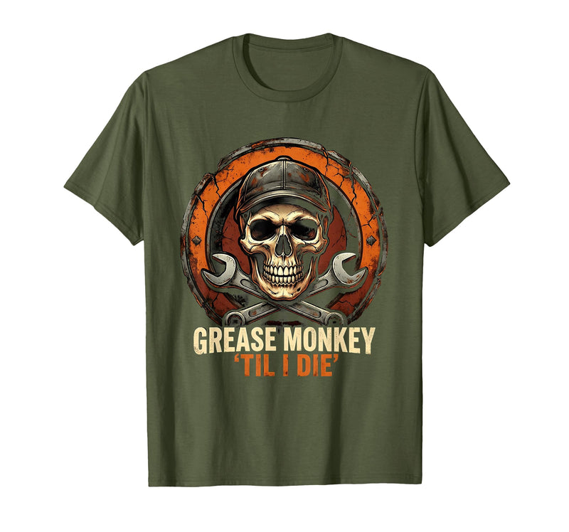 Mademark Grease Monkey 'Til I Die Mechanic Skull Design T-Shirt - Men - Olive Green