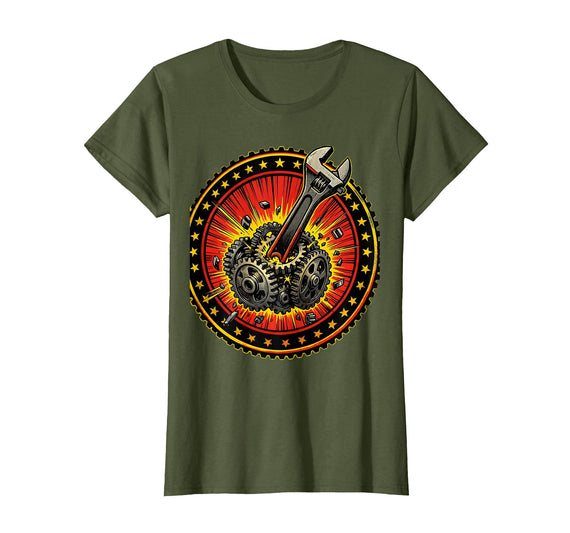 Mademark Monkey Wrench in the Gears Graphic Design T-Shirt - Women - Olive Green