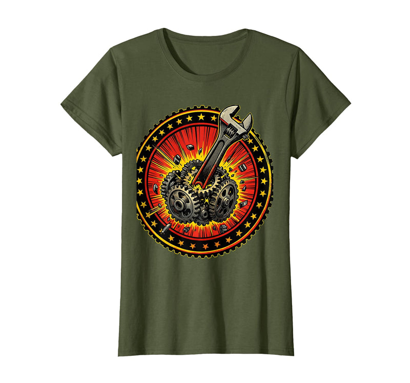 Mademark Monkey Wrench in the Gears Graphic Design T-Shirt - Women - Olive Green