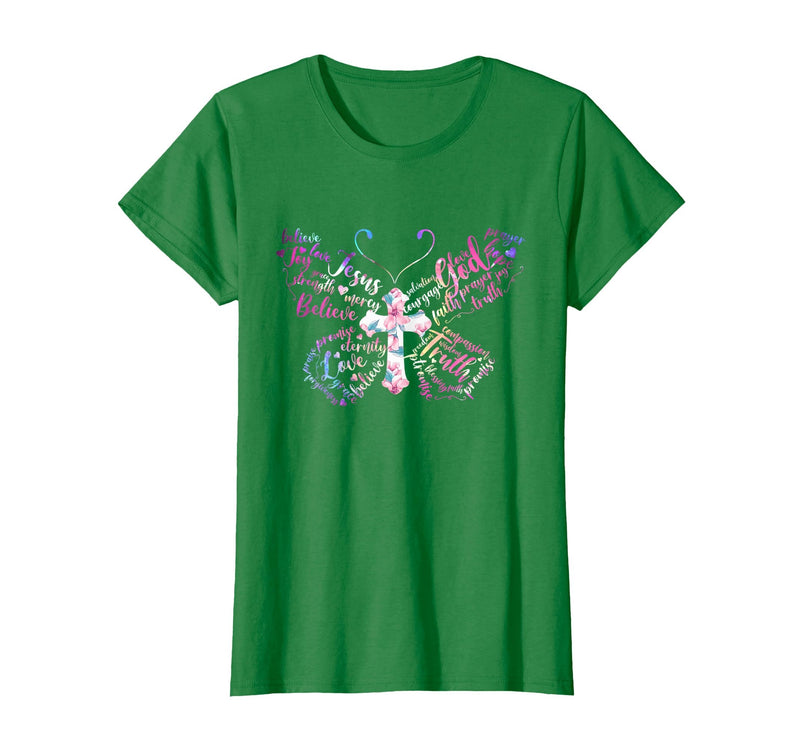 Butterfly Prayer Graphic Jesus Christian Cross Butterfly Prayer Jesus Christian Cross Floral Pattern T-Shirt - Kelly Green