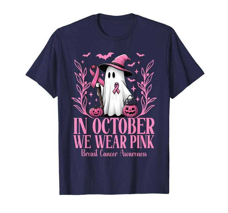 Arich.Tee's Breast Cancer Awareness Ghost in October We Wear Pink Breast Cancer Witch Ghost Halloween T-Shirt - Navy Blue
