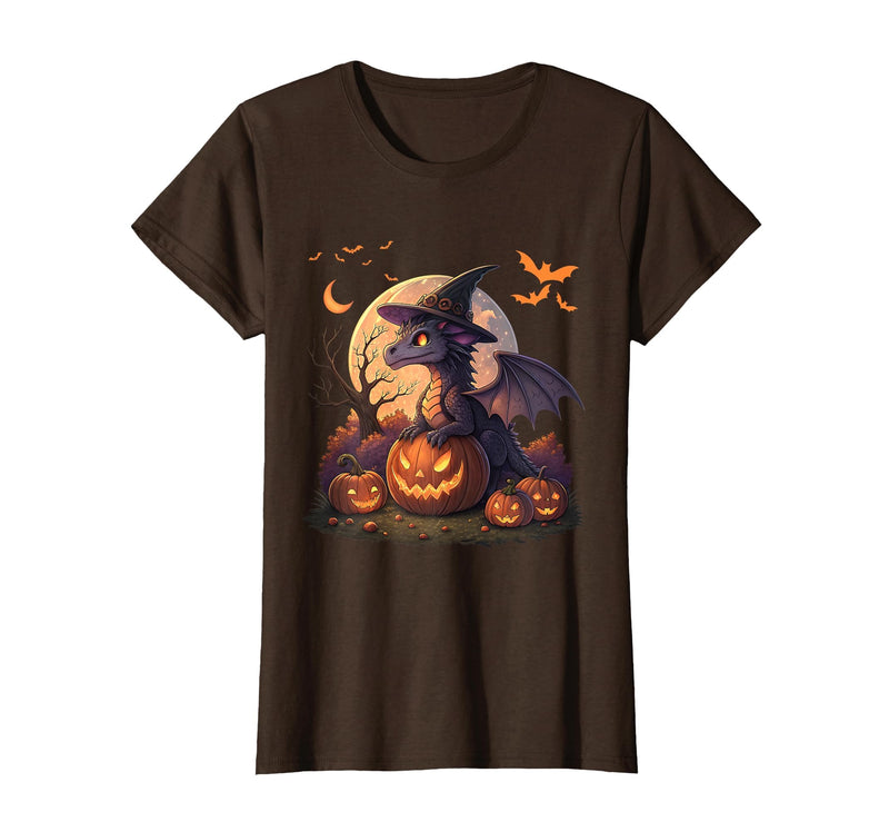 Halloween Dragons Fantasy Spooky Witchy Cute Halloween Dragon Witch Hat Pumpkin Moon Fantasy T-Shirt - Brown