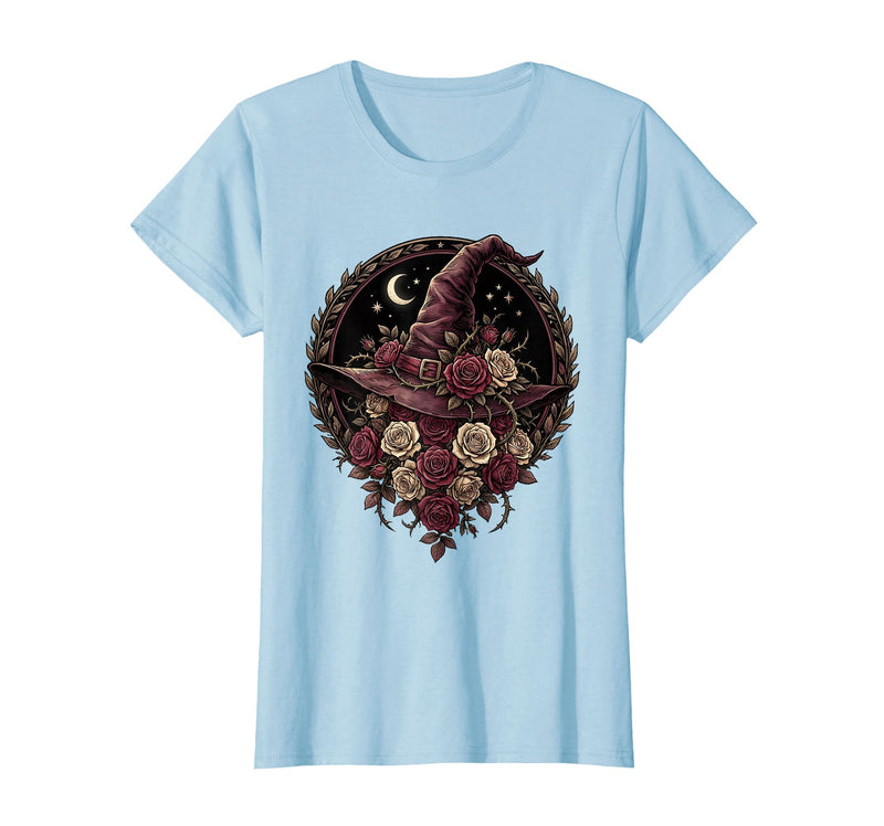 Mademark Witch Hat Black Roses Halloween Women's Design T-Shirt - Baby Blue