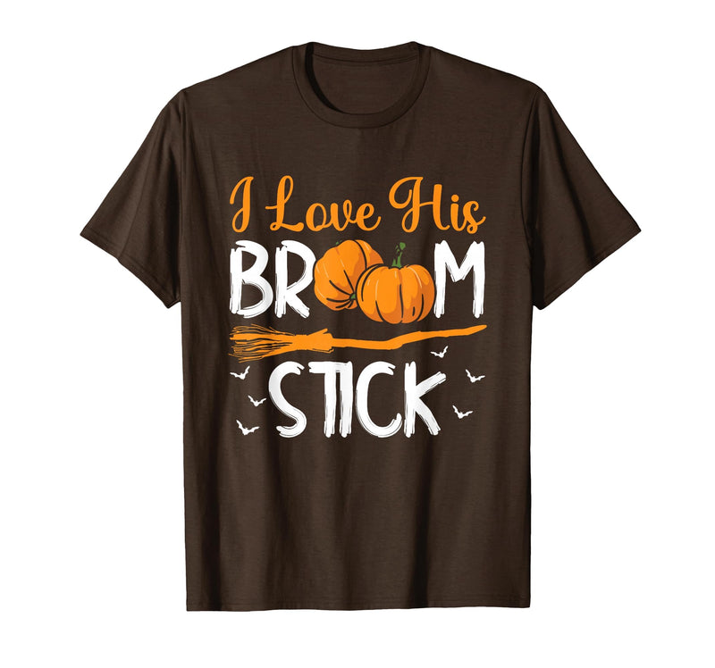 Match Halloween Couple Costumes I Love His Broomstick I Love Her Pumpkins T-Shirt - Brown