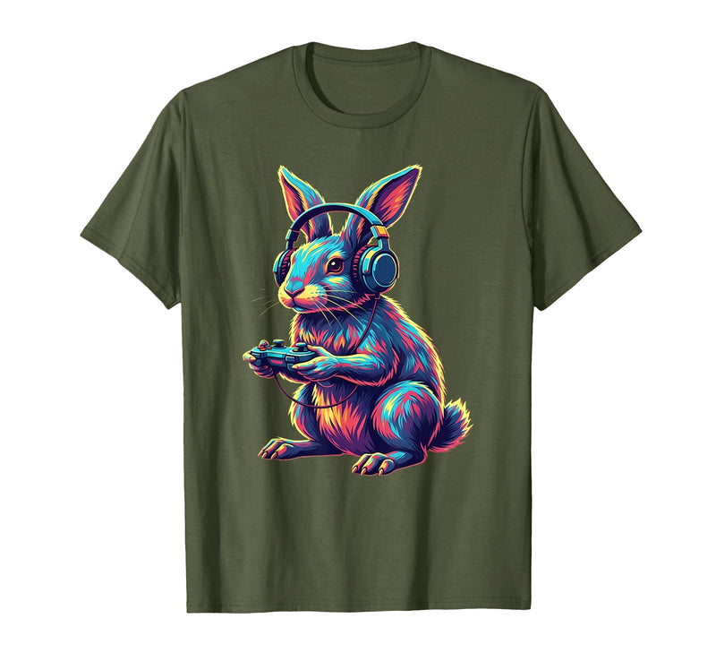 Rabbit Gaming Animal Video Games Funny Rabbit T-Shirt in Olive Green