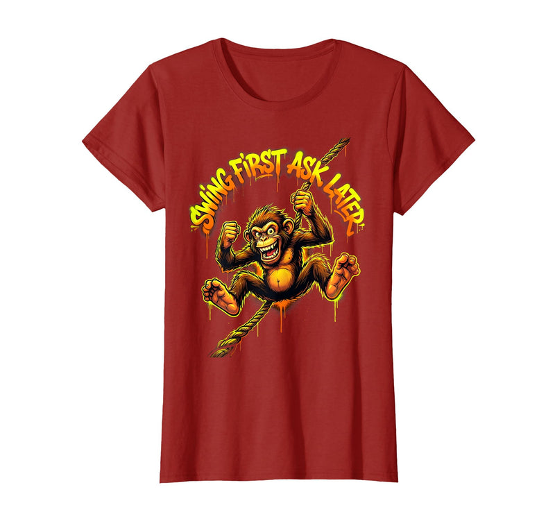 Mademark Swing First Ask Later Funny Monkey Design T-Shirt - Women - Cranberry Red