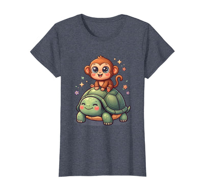 Small Monkey Riding Giant Tortoise Funny Animal Art T-Shirt - Women