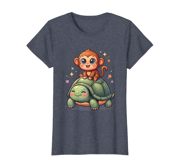 Mademark Small Monkey Riding Giant Tortoise Funny Animal Art T-Shirt - Women - Heather Blue