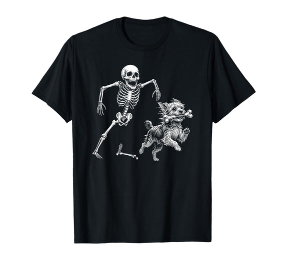 Funny Yorkie Halloween Dog Meme Shirts Funny Yorkie with Skeleton Bone Halloween Dog Lover T-Shirt - Black
