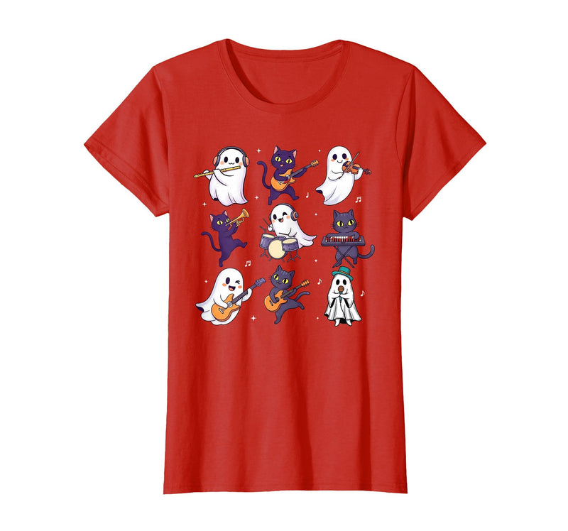 Halloween Music Teacher Ghost Music Lover Cute Ghost Cat Playing Musical Halloween Music Teacher T-Shirt - Red