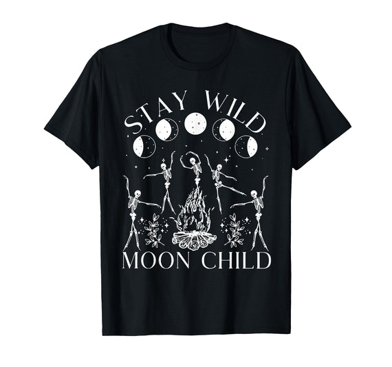 Funny Stay Wild Moon Child Tee Shirt Stay Wild Moon Child Funny Skeleton Dancing Halloween T-Shirt - Black