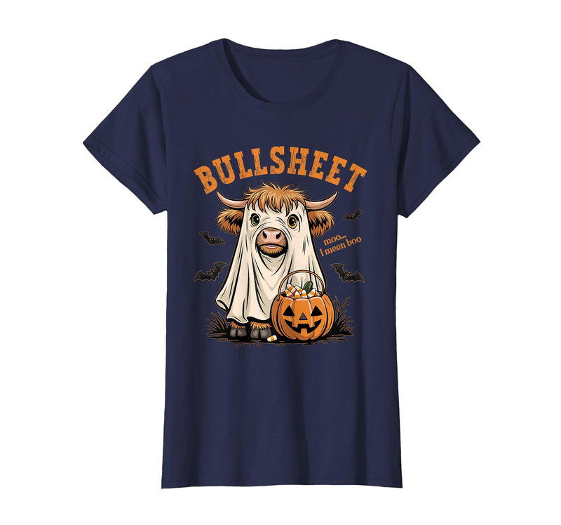 Bullsheet Highland Cow Ghost Halloween Tees Moo... I Mean Boo Bullsheet Highland Cow Ghost Halloween T-Shirt - Navy Blue
