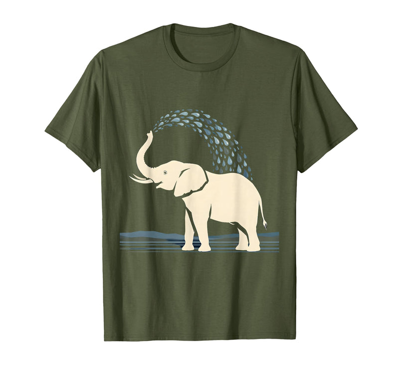 Mademark Elephant Spraying Water Raised Trunk Illustration T-Shirt - Men - Olive Green