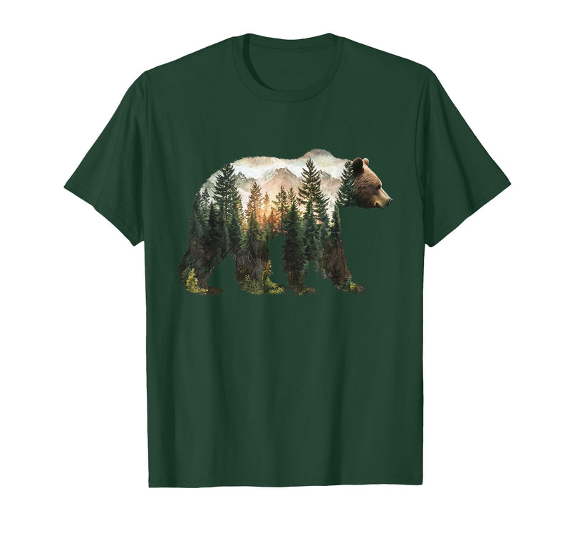 Bear Designs. Bear Forest Mountains Trees Nature Sunset Outdoor Graphic T-Shirt - Dark Green