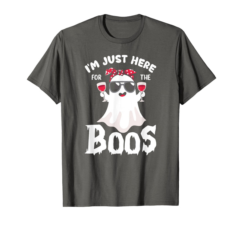 Addictive Designs Halloween Merch Funny Halloween, Just Here for the Boos, Ghost Drinking Wine T-Shirt - Asphalt Grey