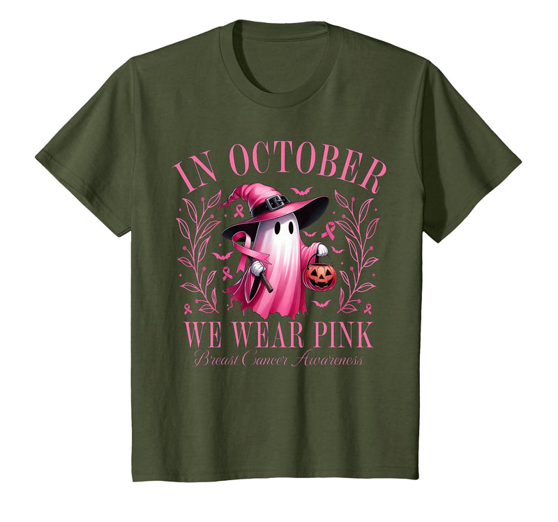 Ghost October Wear Pink Breast Cancer t -shir t Halloween Pink Ghost in October We Wear Pink Breast Cancer T-Shirt - Olive