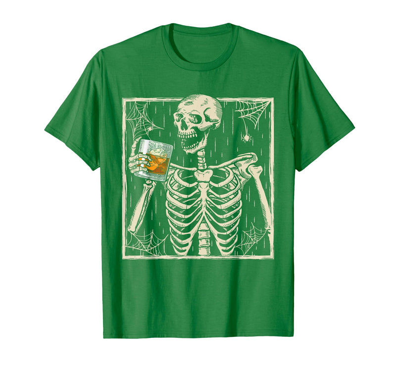 Funny Skeleton Drinking Bourbon Whiskey Halloween Alcoholic T-Shirt - Kelly Green