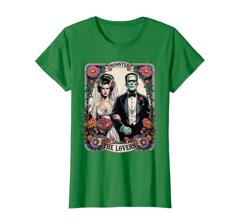 The Lovers Tarot Card Spooky Halloween Women Men The Monster Frankenstein and Bride The Lovers Tarot Card T-Shirt - Kelly