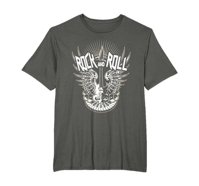 Rock and Roll Music Vintage Retro Gifts Vintage 80s Rock & Roll Music Electric Guitar Skeleton Wings T-Shirt