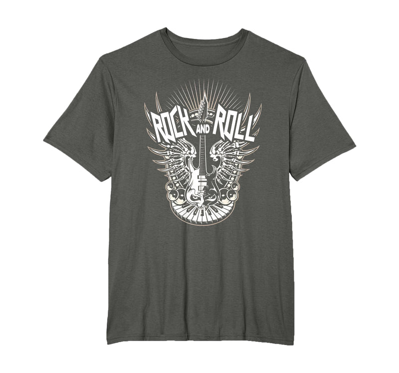 Rock and Roll Music Vintage Retro Gifts Vintage 80s Rock & Roll Music Electric Guitar Skeleton Wings T-Shirt - Asphalt Grey