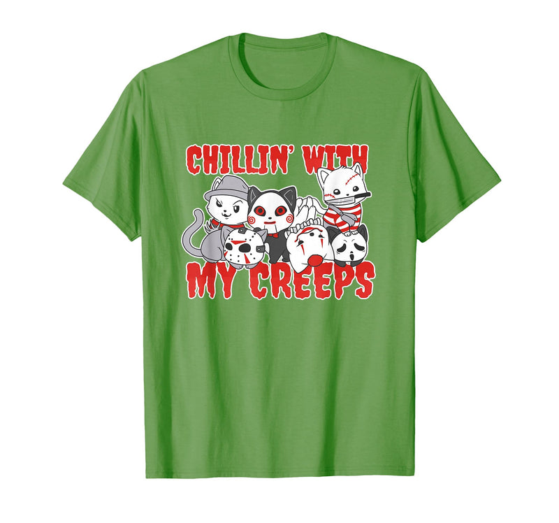 Chillin With My Creeps Apparel Chillin with My Creeps Cat Horror Killer Halloween Costume T-Shirt - Grass Green