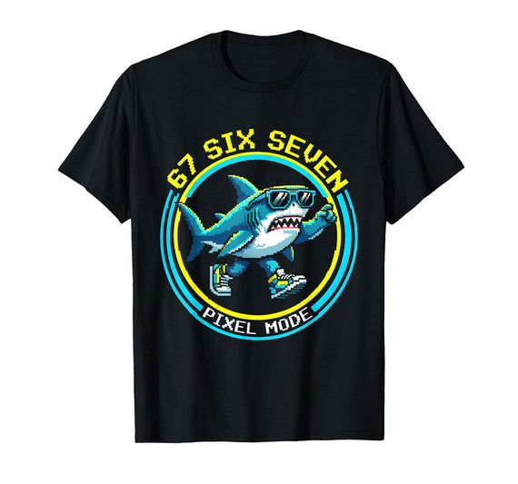 Mademark 67 Six Seven Pixel Mode Absurdist Shark Design T-Shirt - Black