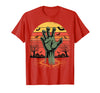 Creepy Undead Zombie Hand Retro Sunset Scary Zombie Hand Retro Sunset Halloween Horror Tee T-Shirt - Red