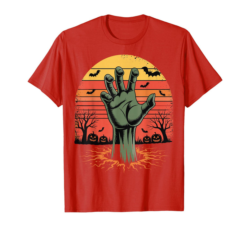 Creepy Undead Zombie Hand Retro Sunset Scary Zombie Hand Retro Sunset Halloween Horror Tee T-Shirt - Red