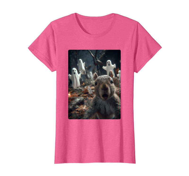 Funny Halloween Animals Selfies Clothing Funny Squirrel Selfie with Ghosts Haunted Forest Halloween T-Shirt - Pink Heather