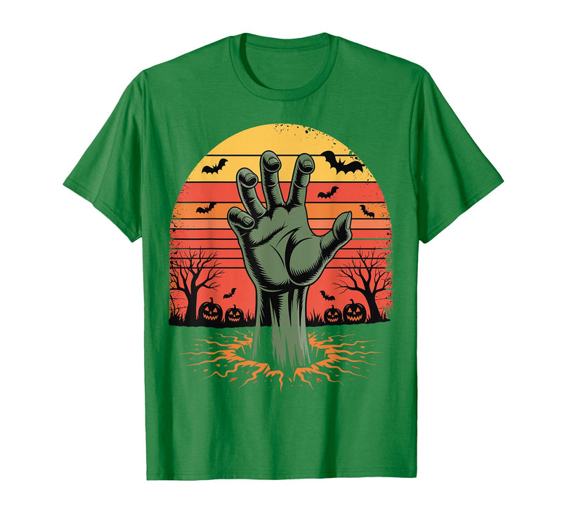 Creepy Undead Zombie Hand Retro Sunset Scary Zombie Hand Retro Sunset Halloween Horror Tee T-Shirt - Kelly Green